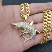 stainless steel big shark pendant necklace men jewelry hip hop gold color iced out rhinestone ocean animal necklace dropshipping