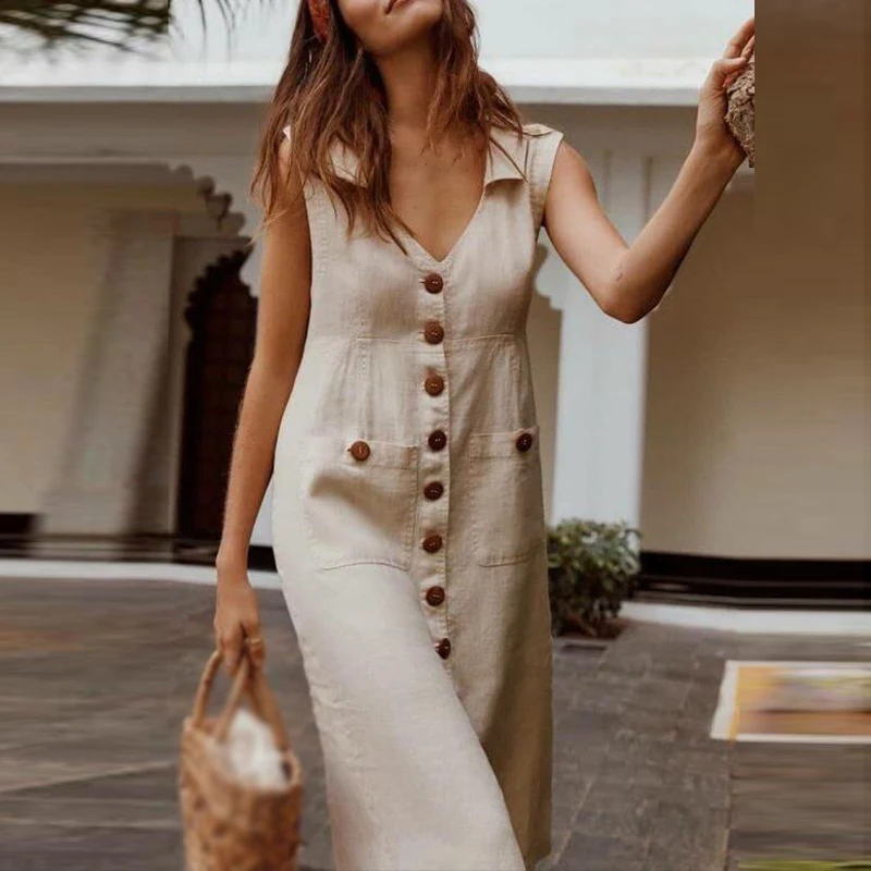 Летнее платье женское с карманами и пуговицами Повседневное без рукавов