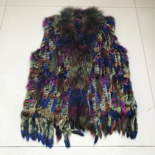 colorful 3 Лидер продаж, женский жилет из натурального кроличьего меха, повседневный жилет с воротником из натурального меха енота, Женский вязаный жилет ручной работы из натурального кроличьего меха - Цвет: colorful 3