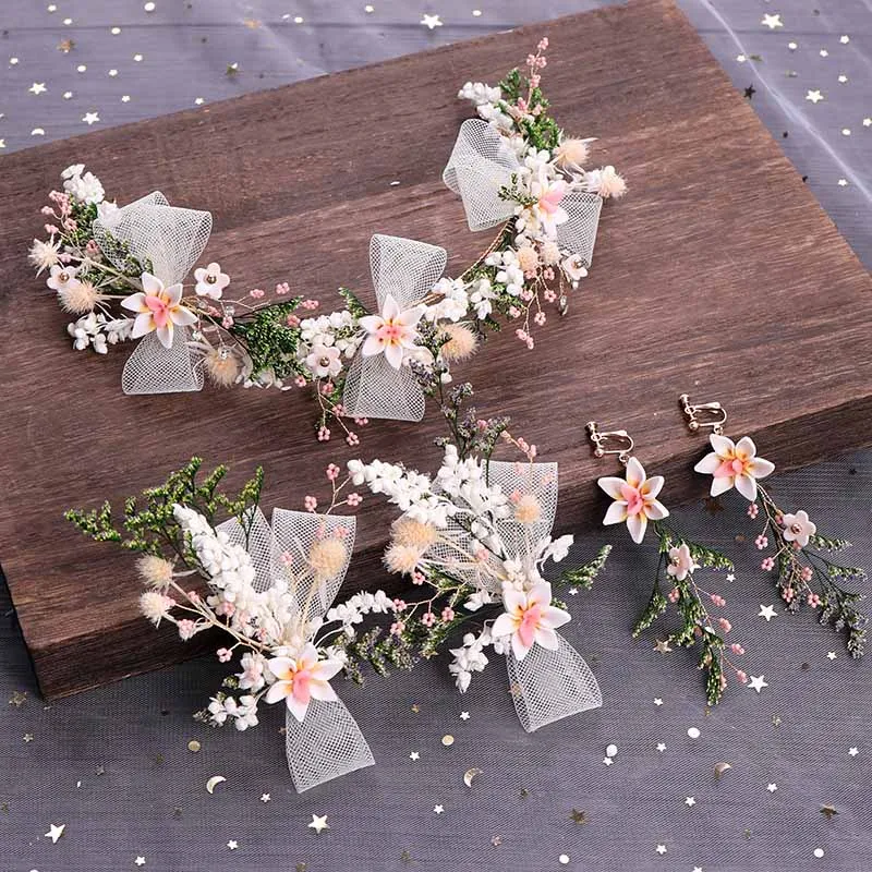 Женский венок для невесты FORSEVEN Розовый с розовым бантом элегантные серьги клипсы