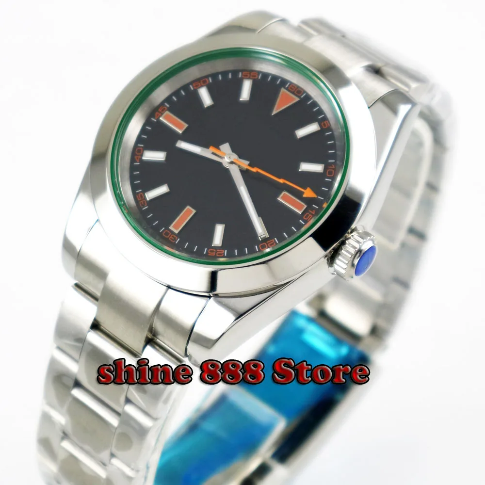 40 мм стерильный черный циферблат Светящееся Стекло Saphire оранжевый ручной