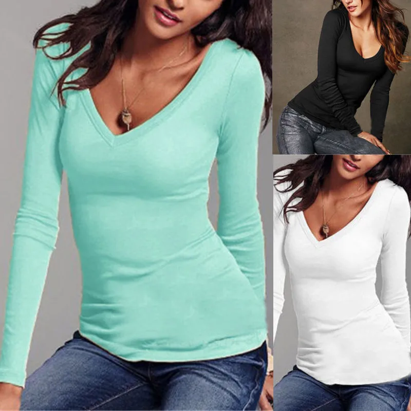 Сексуальная Женская футболка с длинным рукавом v-образным вырезом облегающая