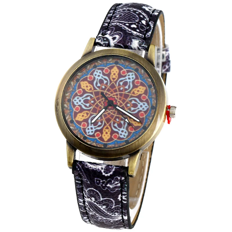 

Gnova Platinum Women Watch Arabic Ethnic Fashion PU Leather Retro Indian Flowers Quartz Wristwatch Reloj para Dama A945