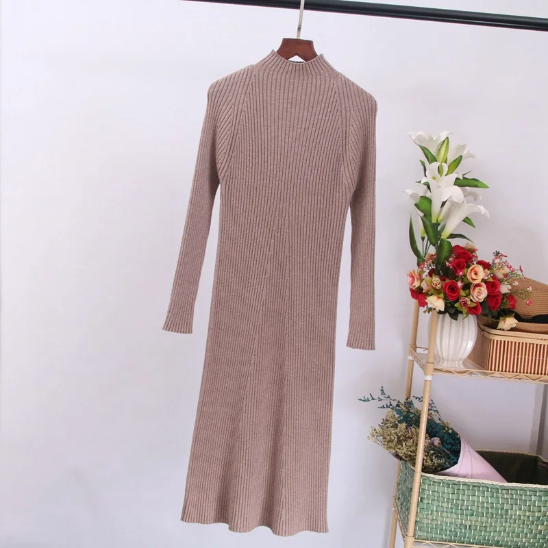 khaki XY08 ONLYSVTER Women Autumn Winter Sweater Knitted Dress Thick Warm Knee-length Dress Rib Slim Female Dress - Цвет: khaki XY08