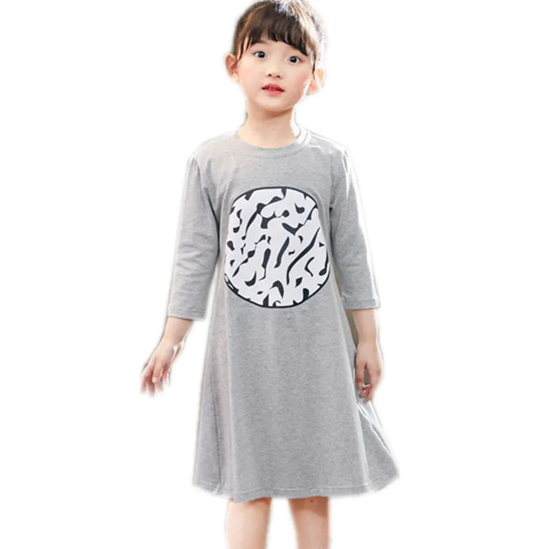 3 to 12 years kids &amp teenager girls half-sleeve geometric print cotton casual fall summer flare tee dress black gray dresses | Детская
