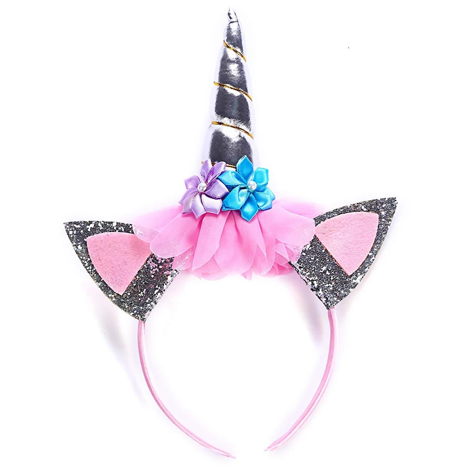 Silver headband Нарядный костюм единорога для девочек; бальное платье на Хэллоуин; карнавальный костюм принцессы для детей на день рождения; Карнавальные парики с единорогом; аксессуары; нарядные платья - Цвет: Silver headband