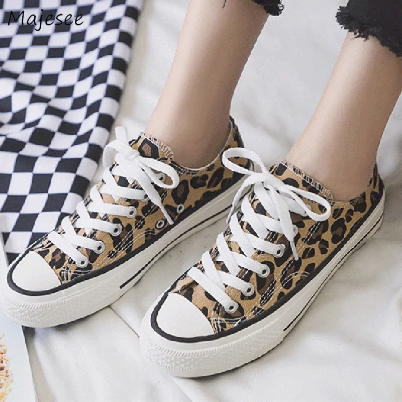 Женская Вулканизированная обувь леопардовая парусиновая универсальная в