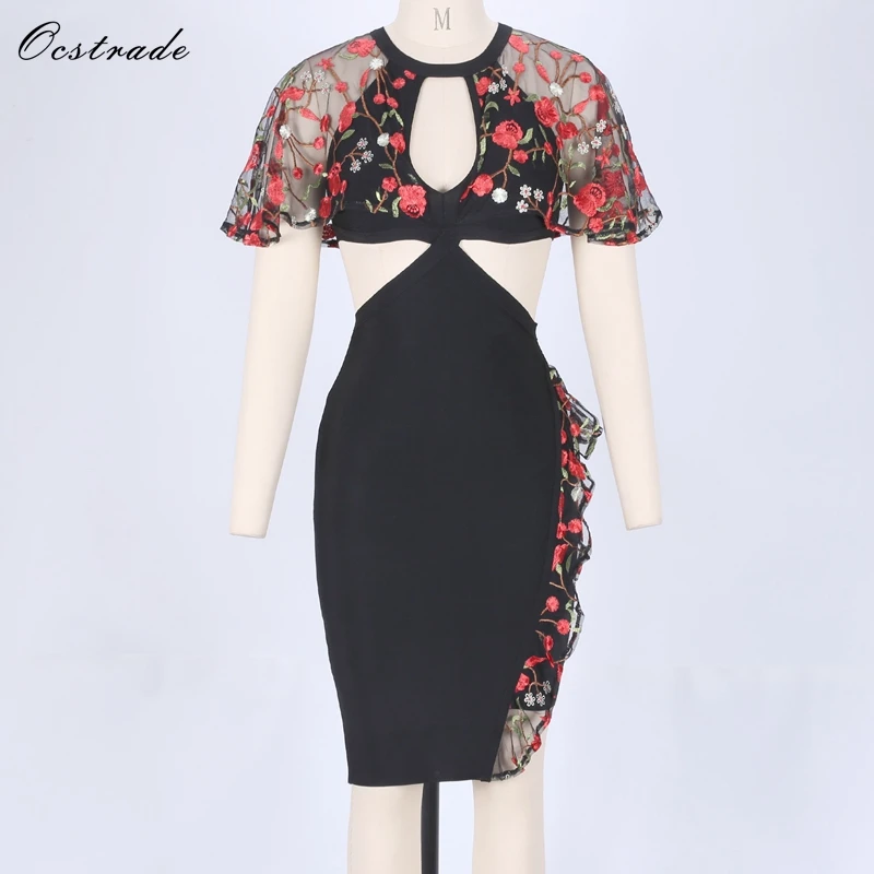 Ocstrade Round Neck Short Sleeve Mini Lace Cut Out High Quality Bandage Dress H0135-Black
