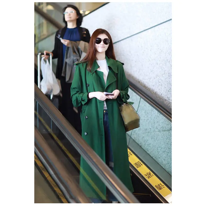 Autumn Fashion Double-breasted Green Windbreaker Korean Casual Jacket Basic Belt Long Coat For Office Ladies Overcoat f1081