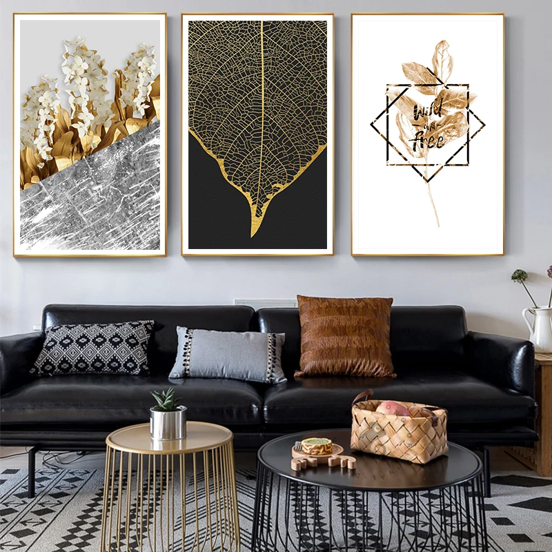 

Nordic Golden Flowers Leaf Canvas Painting Poster Print HD Decor Wall Art Pictures For Living Room Bedroom Aisle Unique Plants