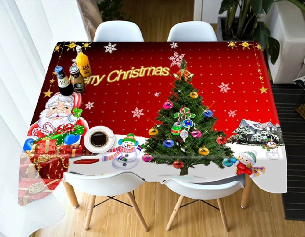 3d Red Christmas Tablecloth Santa Claus Sled Dog Washable Cotton Cloth Thicken Rectangular and Round Wedding Table | Дом и сад