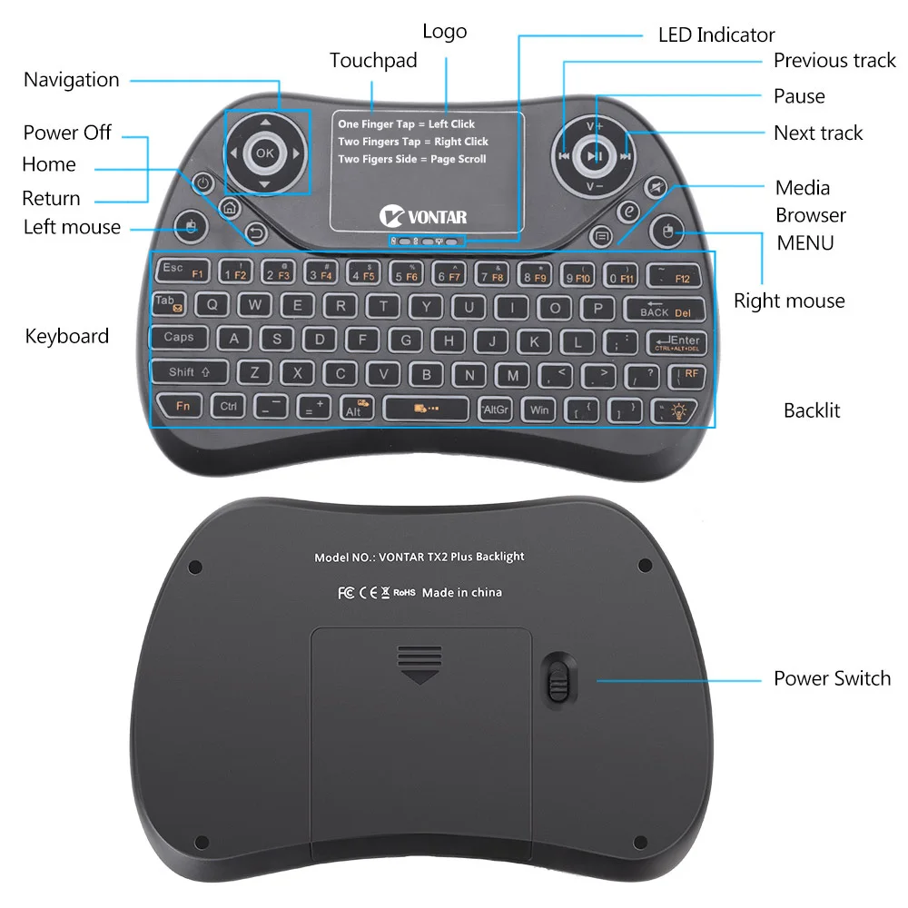 VONTAR TX2 Plus Air mouse QWTREY Keyboard 2,4G Беспроводная Мини-Клавиатура Тачпад Fly mouse с подсветкой Android tv BOX X96mini X96