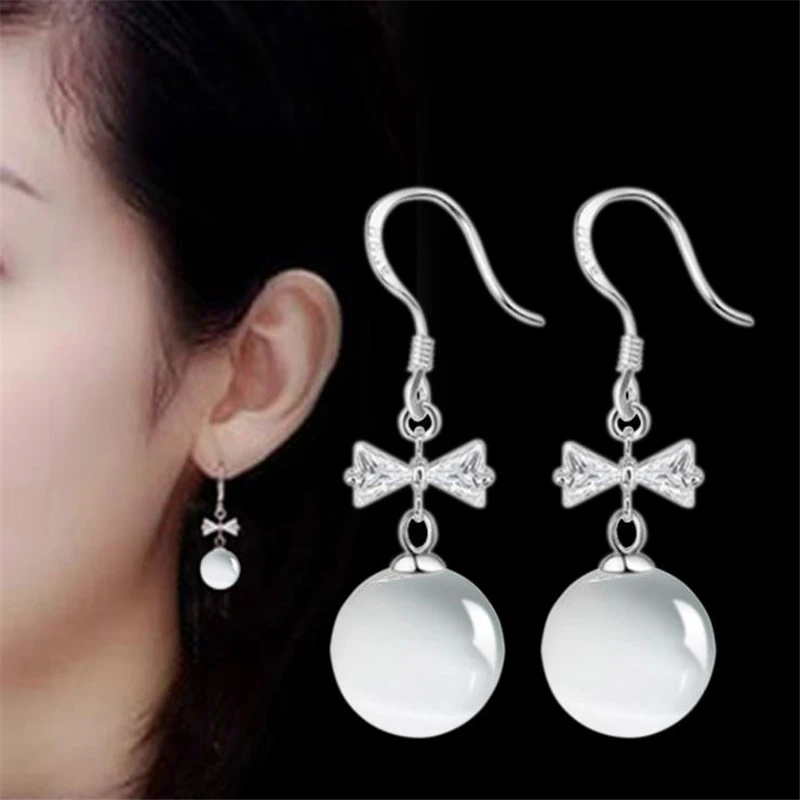 

KOFSAC New Cute Cubic Zirconia Bow Cat's Eye Stones Earring 925 Sterling Silver Earrings For Women Jewelry Girl Best Gifts