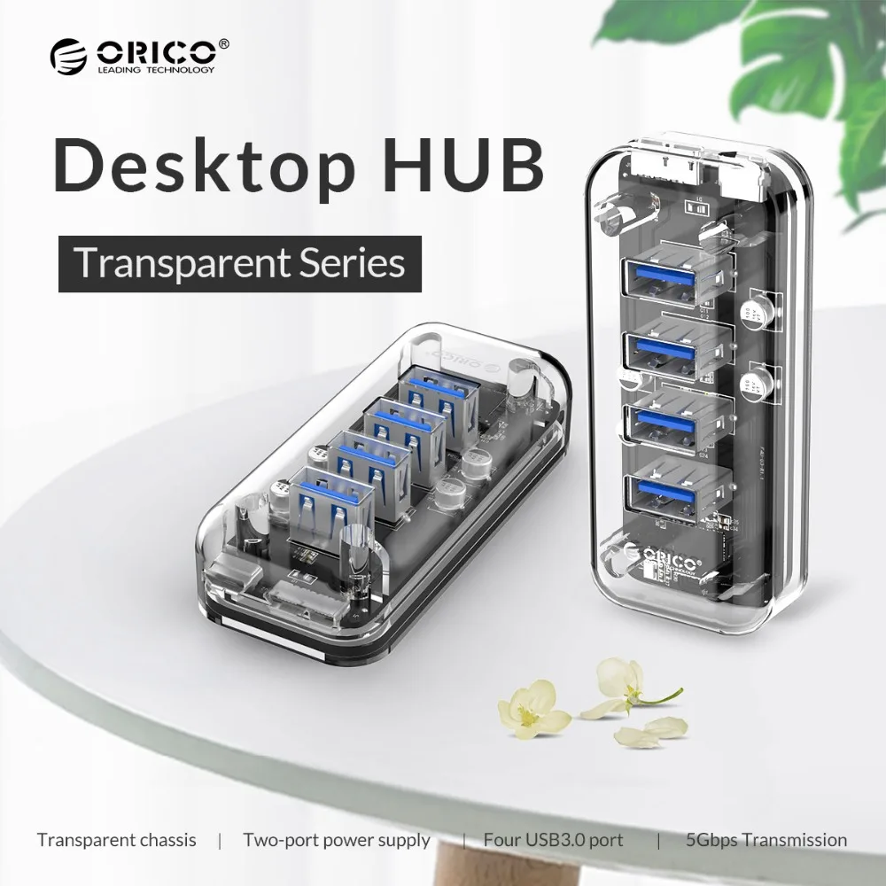 Прозрачный сплиттер-Концентратор ORICO с 4 портами s USB3.0 двойным портом питания Micro