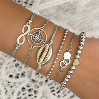 free shipping 6 pcsset campass charm bracelets for women vintage geometric shell wooden beads chain bracelet set jewelry