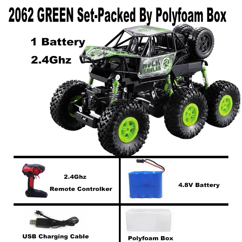2062 green 1/16 RC Car 6WD drive remote climbing car Double Motors Drive Bigfoot Cars 2.4Ghz Electric RC Toys High Speed Off-Road Vehicle - Color: 2062 green