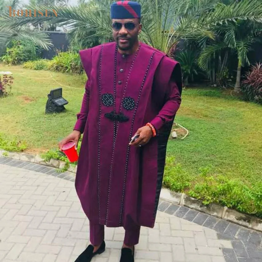 Мужская африканская одежда BOHISEN из 3 частей Bazin Agbada с длинным рукавом вечернее