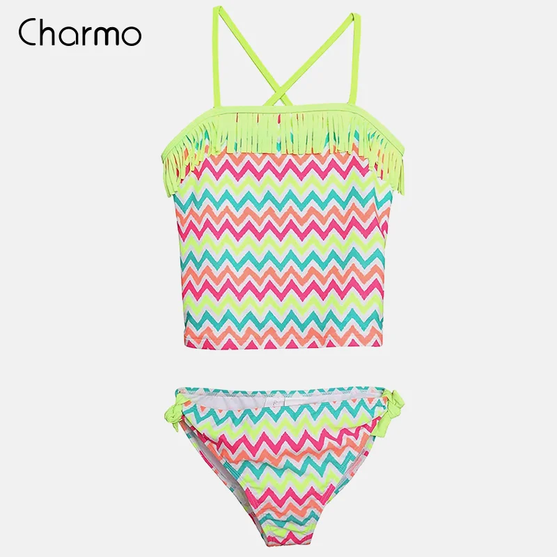 YELRED Charmo/комплект бикини из двух предметов для девочек, купальные костюмы, детские купальники в полоску с принтом в виде зуба, бикини с кисточками, милая пляжная одежда, костюмы с волнистым принтом - Цвет: YELRED