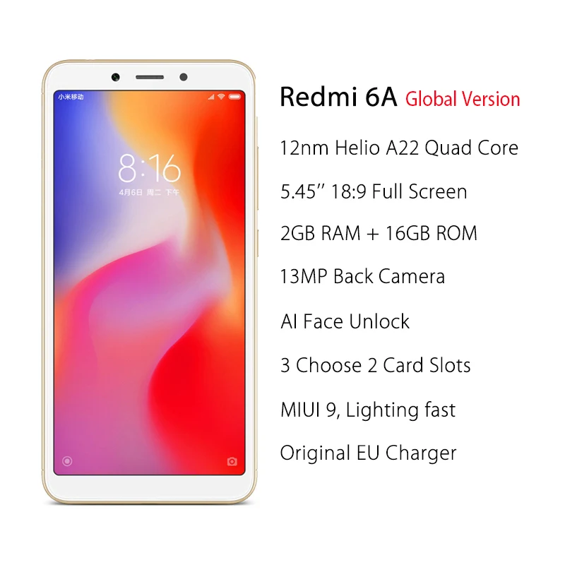 Глобальная версия Xiaomi Redmi 6A 6 A 2 GB 16 смартфон 5 45 ''полный экран 12nm Helio A22