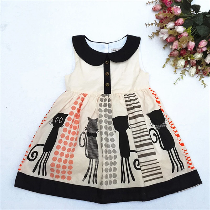 Animal Girl Dress Turn Down collor Party Princess Cat 2017 Summer Dresses Clothes Size 1-7Y Mini Sundress Vestidos | Детская одежда и