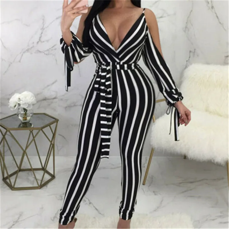 

2019 Summer Women Jumpsuit Casual Long Sleeve Bare Shoulder Deep V- Neck Jumpsuits Fashion Ladies Striped Bodysuit Long Trousers