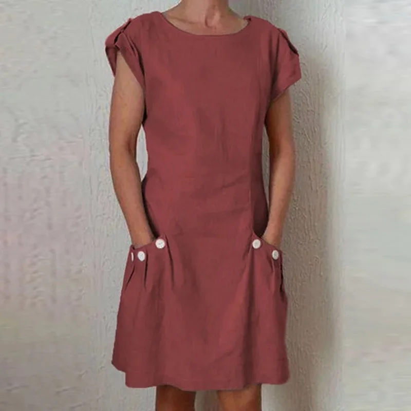 Solid Wine Red ELSVIOS, 17 цветов, с принтом, о-образный вырез, льняное летнее платье для женщин, Ретро стиль, короткий рукав, карман, до колена, платье, повседневное, свободное, размера плюс, женское платье - Цвет: Solid Wine Red