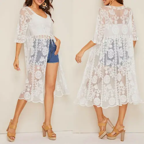 Женское кимоно с цветочным принтом и кружевами пляжный кардиган накидка Длинная