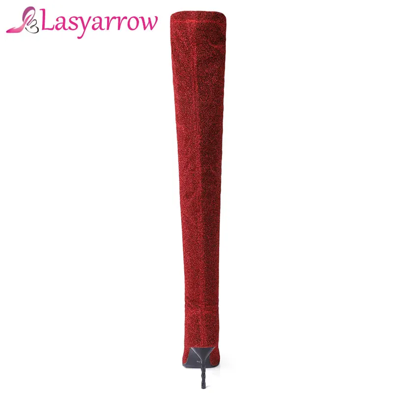 Женские Стрейчевые ботфорты Lasyarrow Зимние на высоком тонком каблуке шпильке