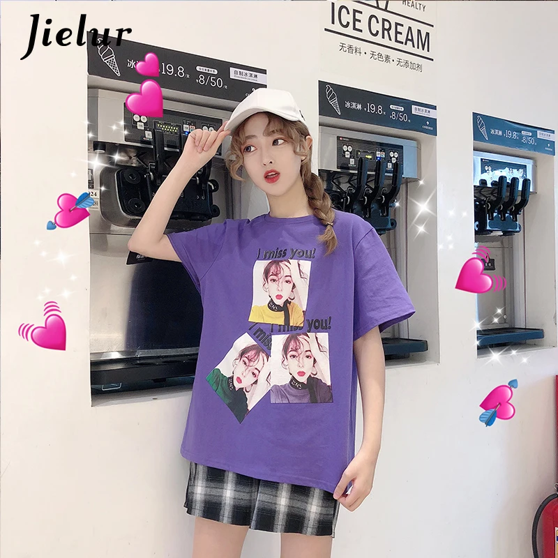 Jielur фиолетовый летняя футболка Для женщин Прохладный Девушки печатными буквами