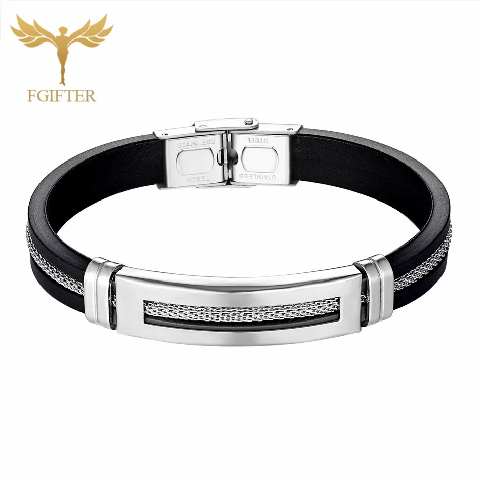 Bracelets Bangles Черный силиконовый браслет браслет из нержавеющей стали браслеты черный резиновый Браслет-манжета с цепочкой мужской браслет модные украшения ювелирные украшения - Окраска металла: Bracelets Bangles
