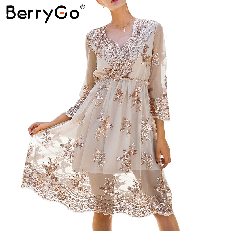 Simplee V образным вырезом элегантные длинные рукава с пайетками вечерние платье