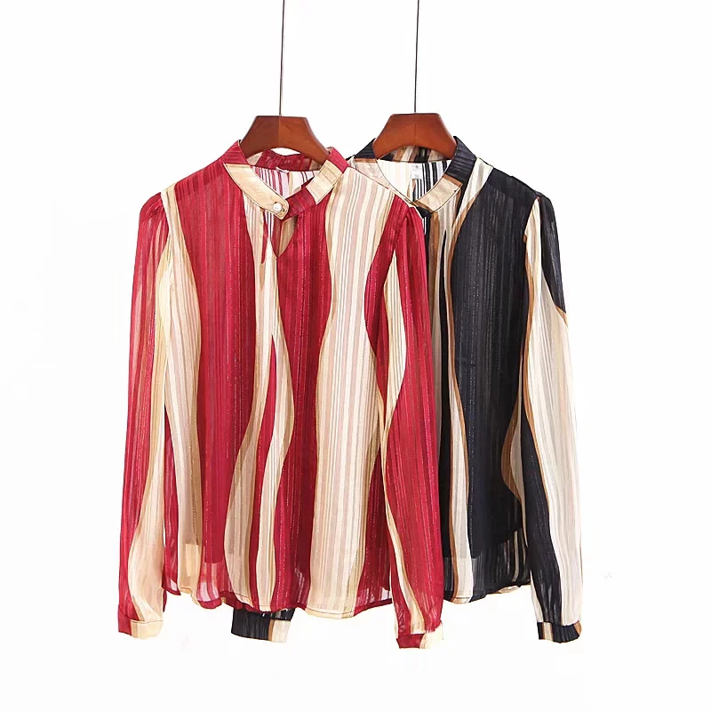 Женская шифоновая блузка в полоску винтажная пляжная с длинным рукавом топы для