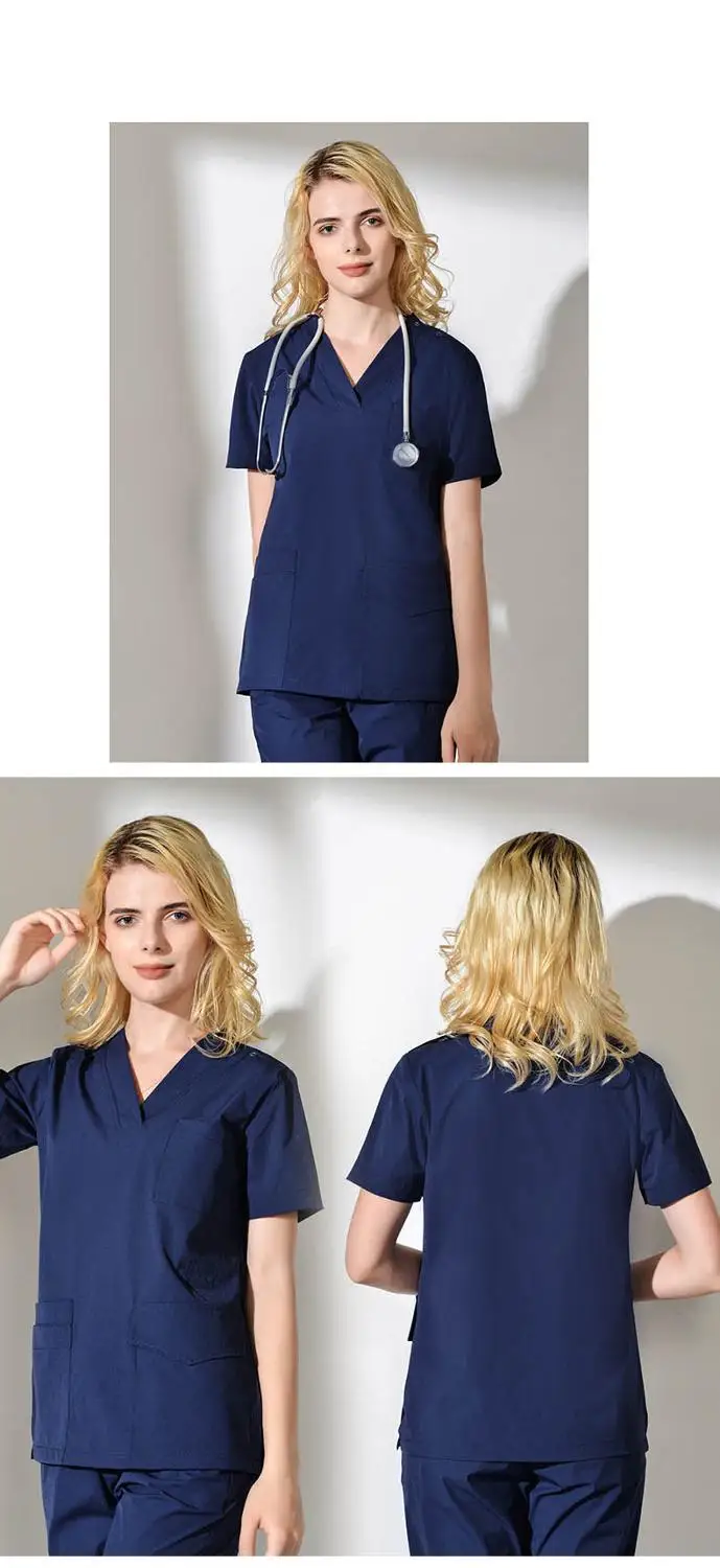 navy blue Унисекс медицинские наборы для скраба короткий рукав медсестры униформа доктора комплект одежды стоматологическая клиника Рабочие Комбинезоны хирургическое платье лабораторное пальто - Цвет: navy blue