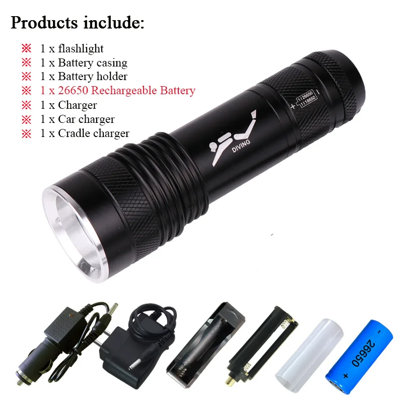 flashlight Set E Светодиодный светильник-вспышка s для подводного плавания, светильник-вспышка xml t6 uv395nm, фиолетовый светильник, водонепроницаемый фонарь, подводная лампа lanterna 26650 linterna - Испускаемый цвет: flashlight Set E