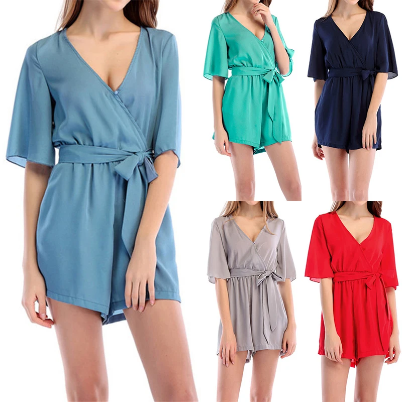 

Шифоновый Повседневный однотонный комбинезон с рукавом до локтя, свободные короткие брюки с V-образным вырезом, летние женские комбинезоны,...