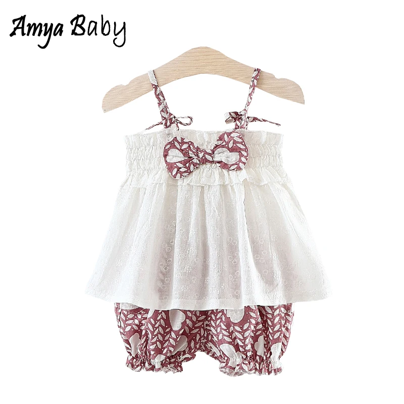 Amyababy Одежда для маленьких девочек 2017 г. летние платья с ремешком бантом + Короткие
