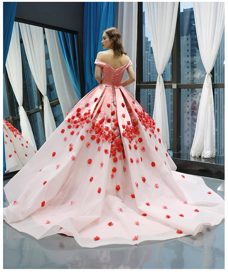 

Fairy 3d Flowers Long Evening Dress Dusty Pink Boat Neck Off The Shoulder Prom Dress Chic Ruffles Party Gown Romantic Gala Wear