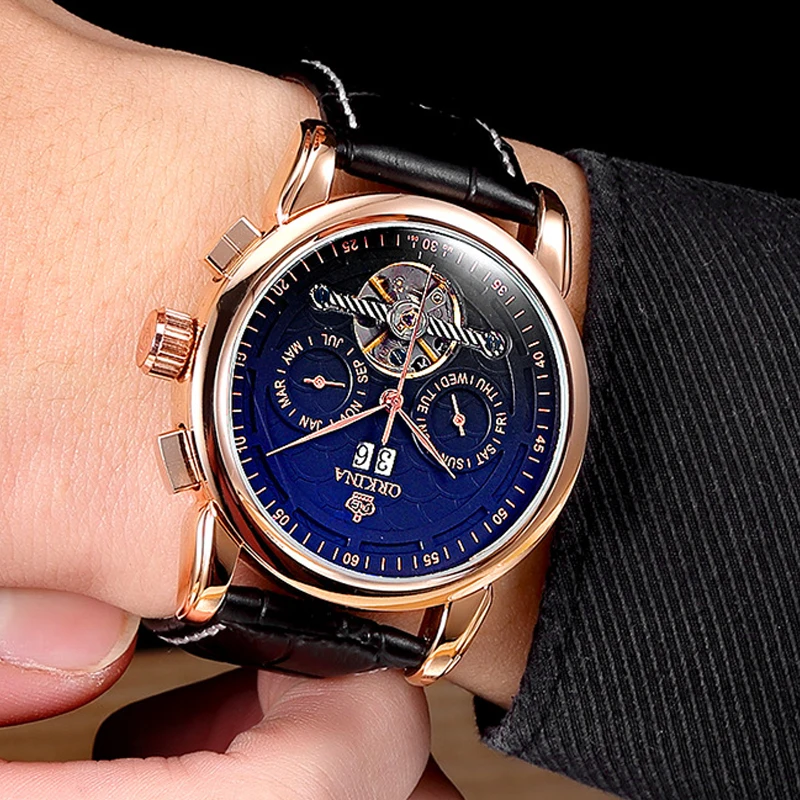 

ORKINA Tourbillon Watches Men Automatic Mechanical Watches Genuine Leather Strap Day Date Mechanical Watches Heren Horloge
