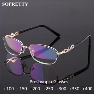 Очки для чтения женские в полуоправе, с кристаллами, цветочные металлические очки для пресбиопии, с прозрачными линзами с синим покрытием (R1668)