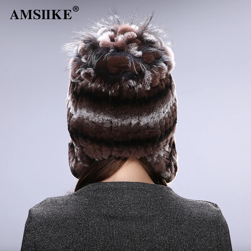 AMSIIKE Женская Шапка из бобра с бубонами чернобурки TM706|bomber hat|knit bomberrabbit cap |