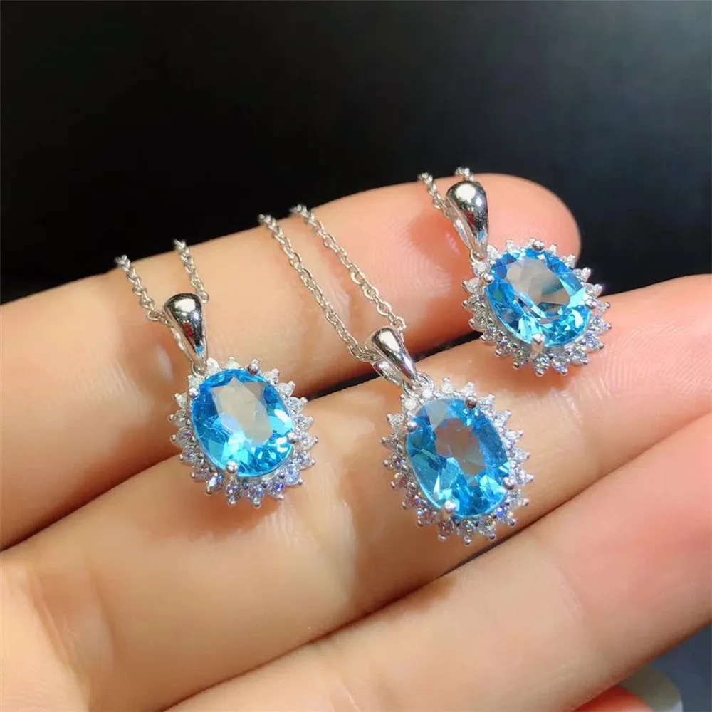 Ожерелье из серебра 925 пробы с натуральным голубым топазом|Подвески| |