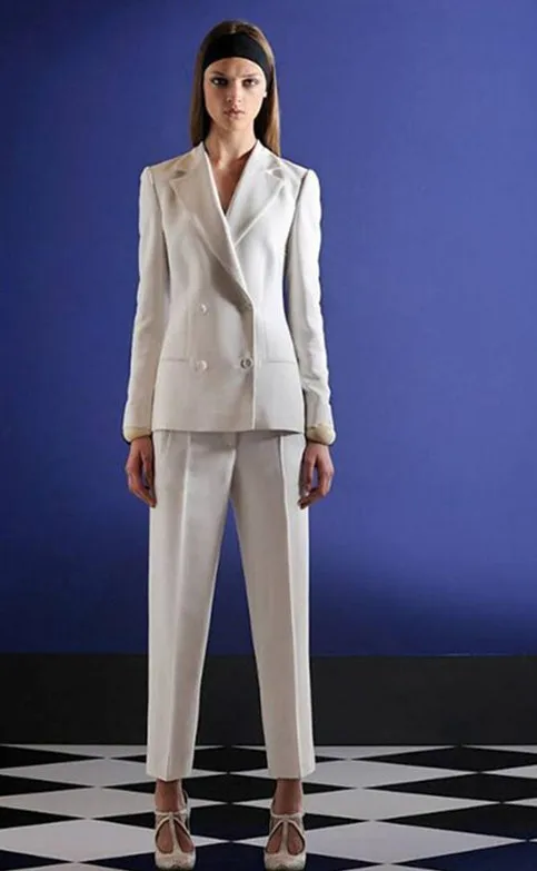 Женский двубортный деловой костюм белый с штанами|Брючные костюмы| |