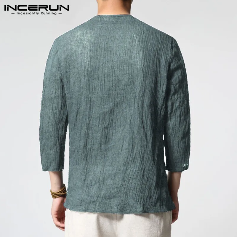 INCERUN китайский Стиль рубашка Для мужчин круглым вырезом и рукавами 3/4 пуговицы