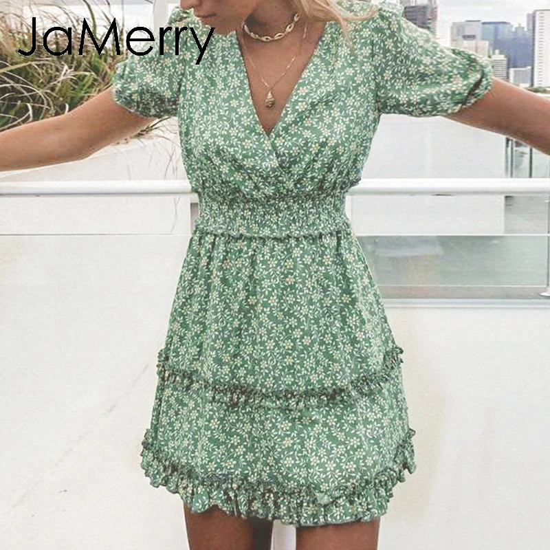 JaMerry Boho пляжное Хлопковое платье с цветочным принтом летнее зеленое рюшами и
