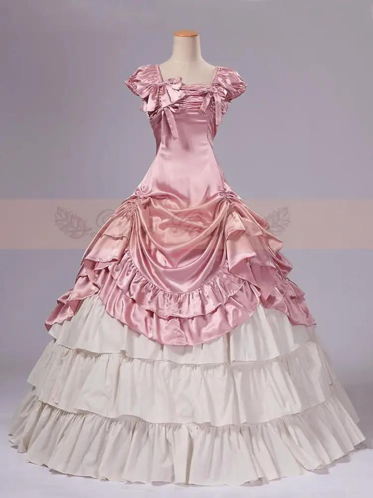 

Pink and White Satin Classic Victorian Dress Top Sale Long Women Dress