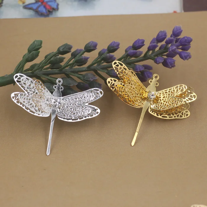 10Pcs silver gold 36*29MM Filigree Dragonfly Pendant Silver Gold Etched Sheet Diy Pendant Charms for Necklace Jewelry Making