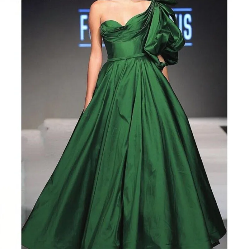 

Pretty Green One Shoulder Evening Formal Dress Sweetheart A Line Pleated Satin Long Formal Prom Gowns Fashion Vestido de Festa