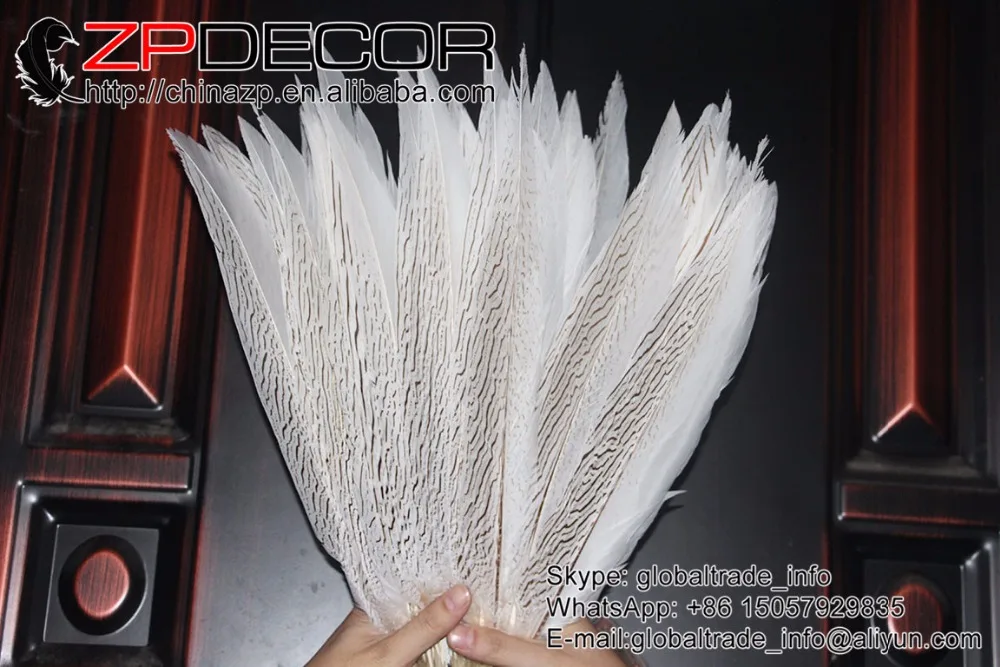 Фото ZPDECOR 14-16 дюймов (35-40 см) 50 шт./лот, красивые отбеленные белые серебряные перья фазана для Showgirl, карнавальные костюмы, головной убор №3