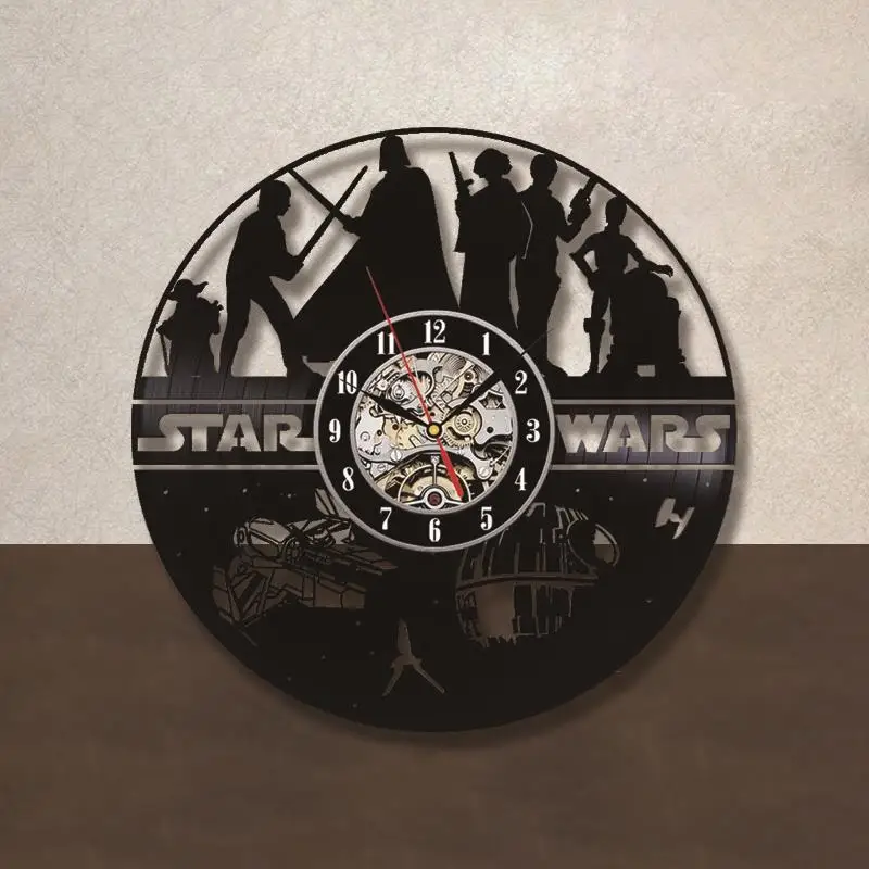 Creative Star Wars Theme Airplane Record Clock 3D Model Hollow Wall Clock Vinyl Record Material Antique Style Hanging Clock