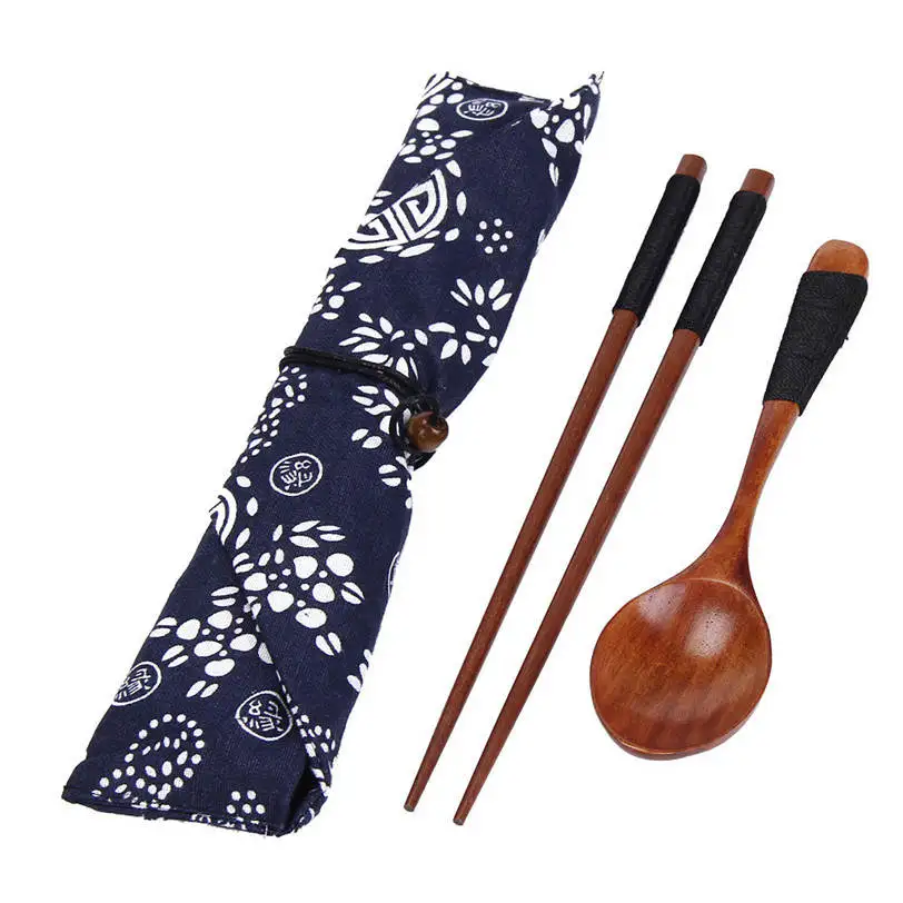 Портативный деревянный набор посуды в винтажном стиле + синяя сумка Jun21